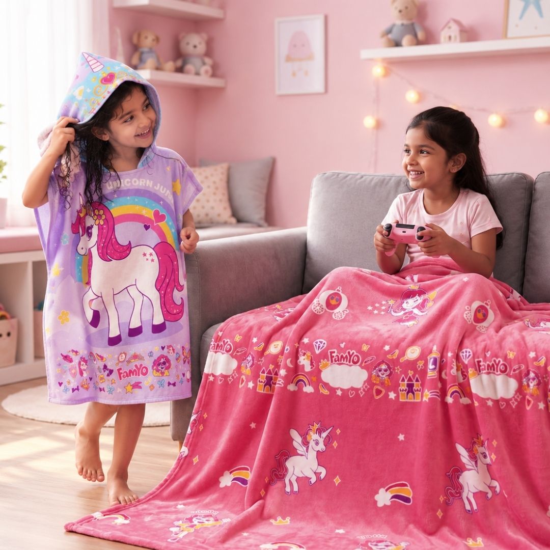 June the Unicorn Glow in the Dark Quilt/Blanket/AC Comforter & Purple June Hooded Poncho Towel Combo for Kids | Glow in the Dark Blanket & Quick-Dry Microfiber Towel