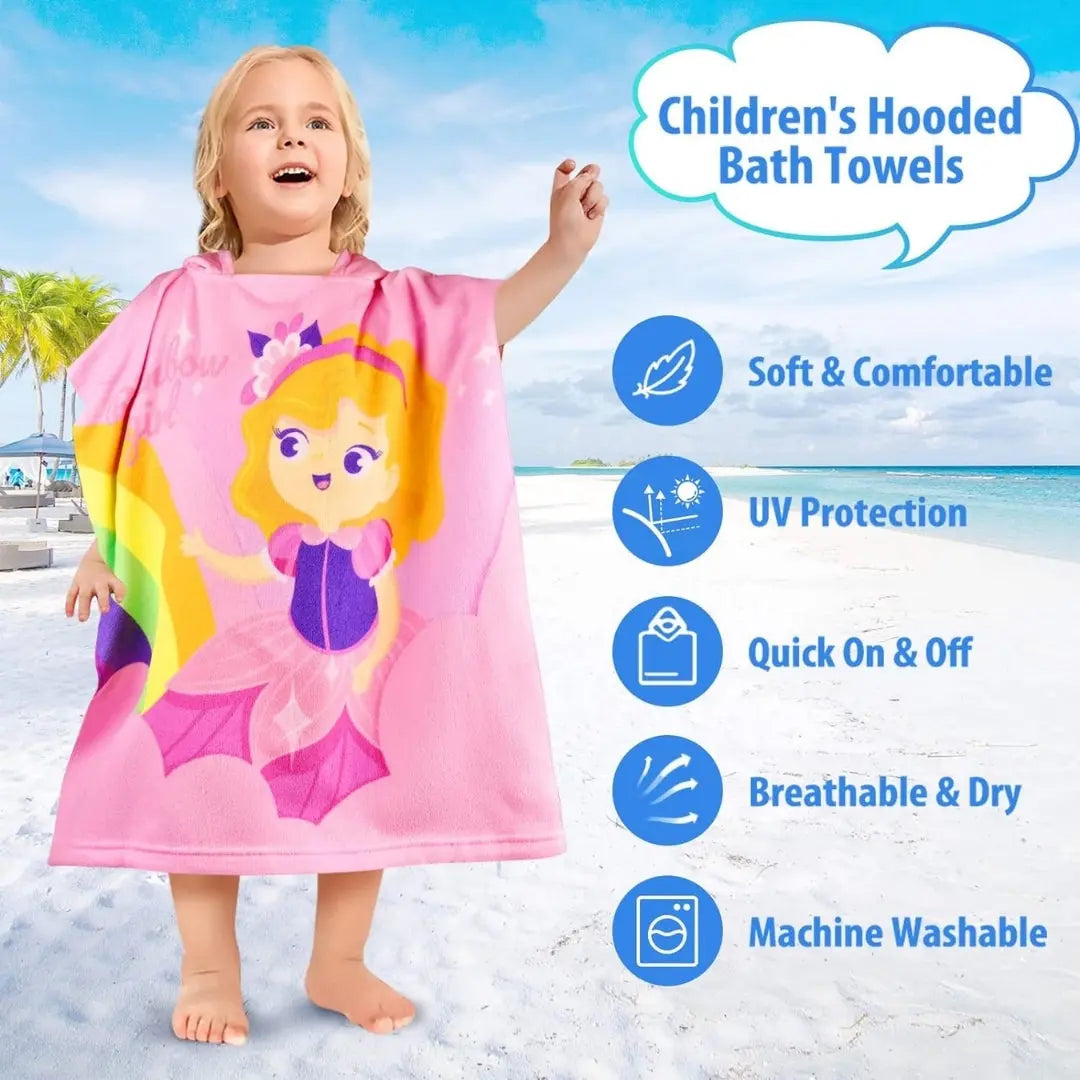 Princess Rainbow Girl Poncho Towel for Kids | Hooded Bath Towels for Girls | 60 x 60cm Toddler Pool Towel with Hood, 1-7 years