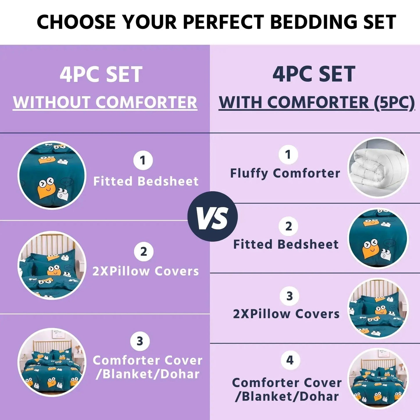 4pc/5pc King Bedding Set- Comforter Cover, Fitted Bedsheet, 2 Pillow Covers, Comforter in Cute Smiles