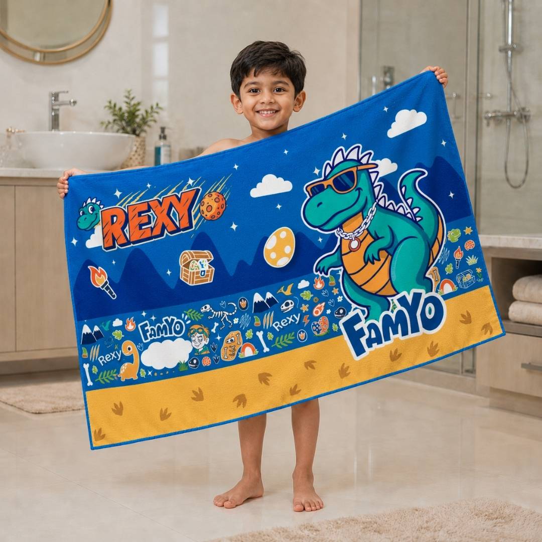 Famyo Rexy the Dinosaur Flat Towel for Kids made with premium microfiber fabric featuring quick dry technology, lightweight and travel friendly design, fade resistant print, soft and highly absorbent for bath, beach, swimming and everyday use.