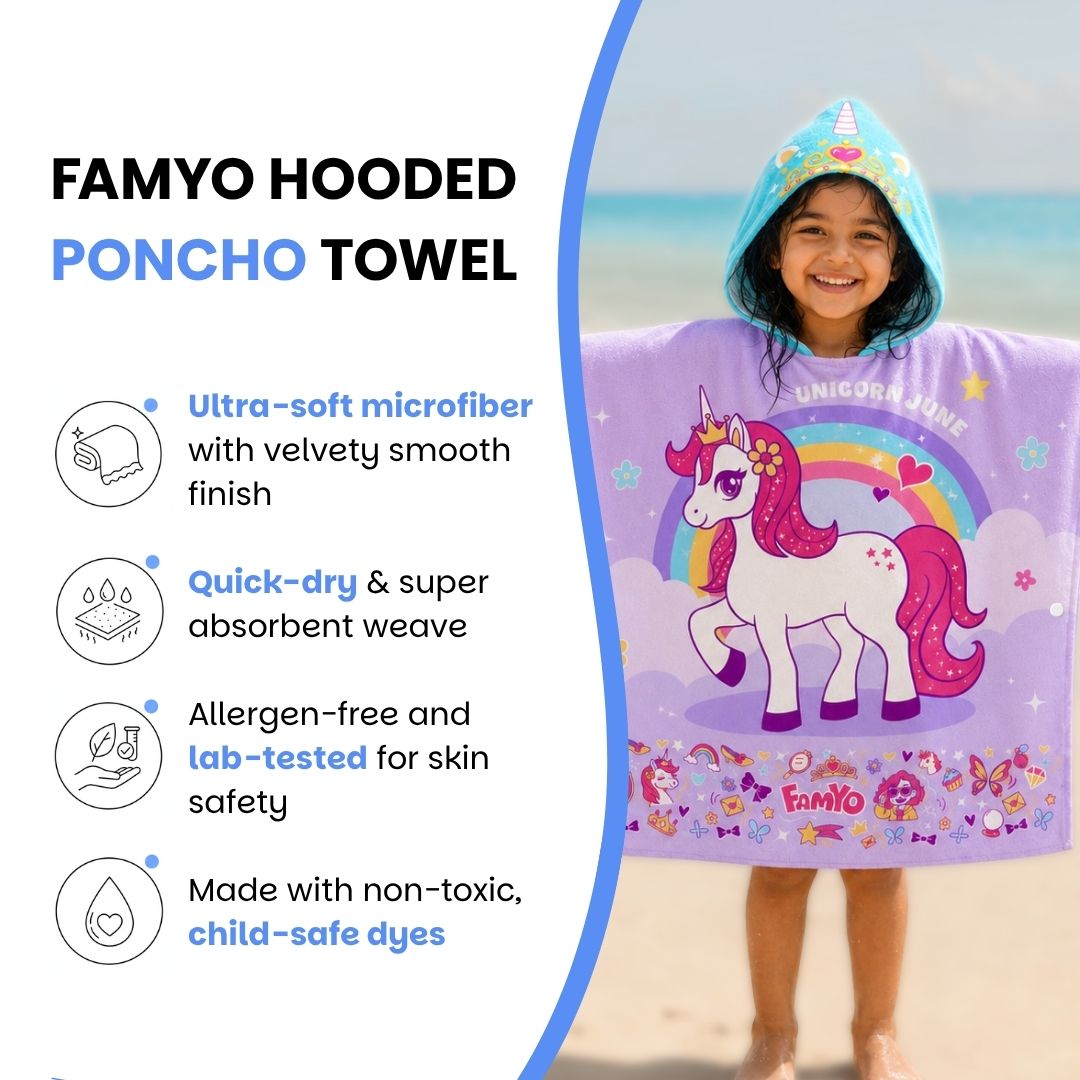 Purple June Unicorn hooded poncho towel for kids featuring ultra-soft quick-dry microfiber fabric, lightweight wearable design, attached hood, knee-length coverage, and ideal for bath, beach, pool, swimming, travel, and everyday use.