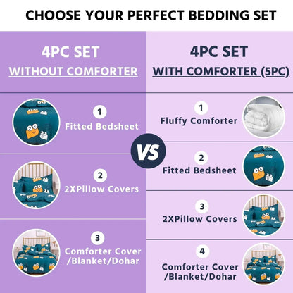 4pc/5pc King Bedding Set- Comforter Cover, Fitted Bedsheet, 2 Pillow Covers, Comforter in Cute Smiles