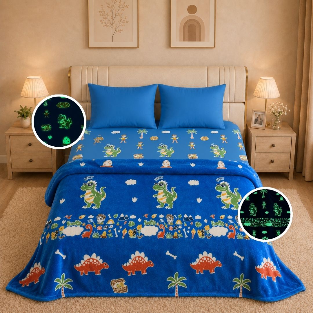 Rexy the Dino Glow in the Dark Quilt/Blanket/AC Comforter & Glow Bedsheet Set for Kids | 4 PC Queen Size Bedding Set | Glow Maxx Series