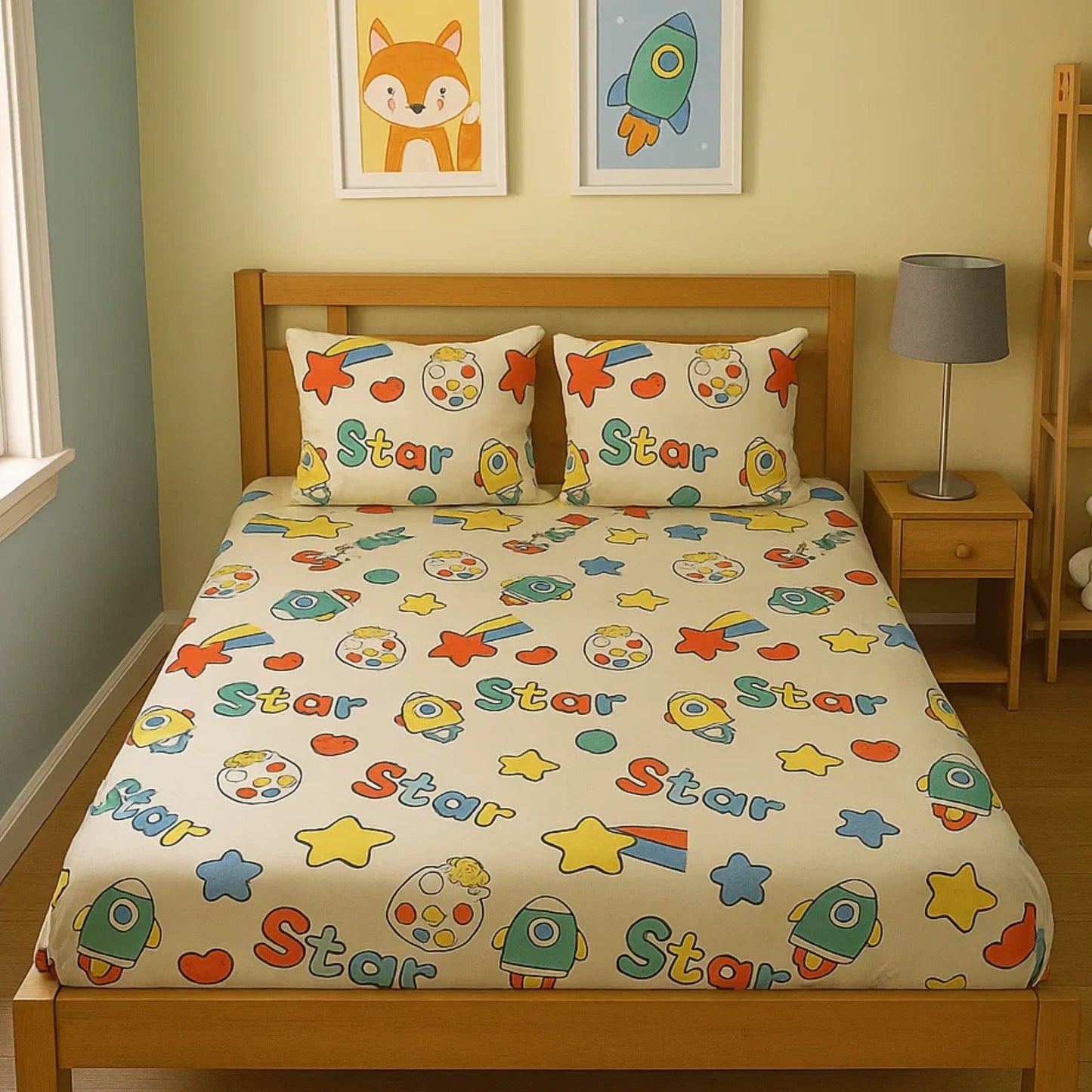 3pc King Size Bedsheet Set – Fitted Bedsheet & 2 Pillow Covers with Zip | Space Bedsheet Set Famyo Shop WH