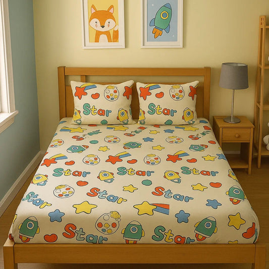 3pc King Size Bedsheet Set – Fitted Bedsheet & 2 Pillow Covers with Zip | Space Bedsheet Set Famyo Shop WH