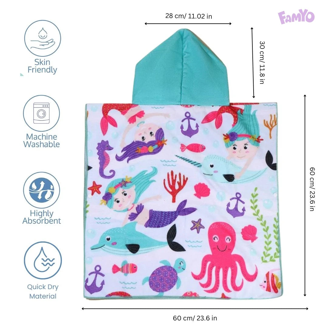 Green Sea Mermaid and Friends Poncho Towel for Kids aged between 0 to 7 years, perfect 60 x 60 cm size. Cool Poncho Bath Robe Towels for Kids at lowest prices only @ Famyo. Shop 2 Poncho Towels @ Just Rs 999 with poncho999