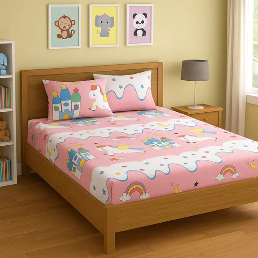 3pc King Size Bedsheet Set – Fitted Bedsheet & 2 Pillow Covers with Zip | Dreamy Unicorn World Kids Bedding Famyo Shop WH