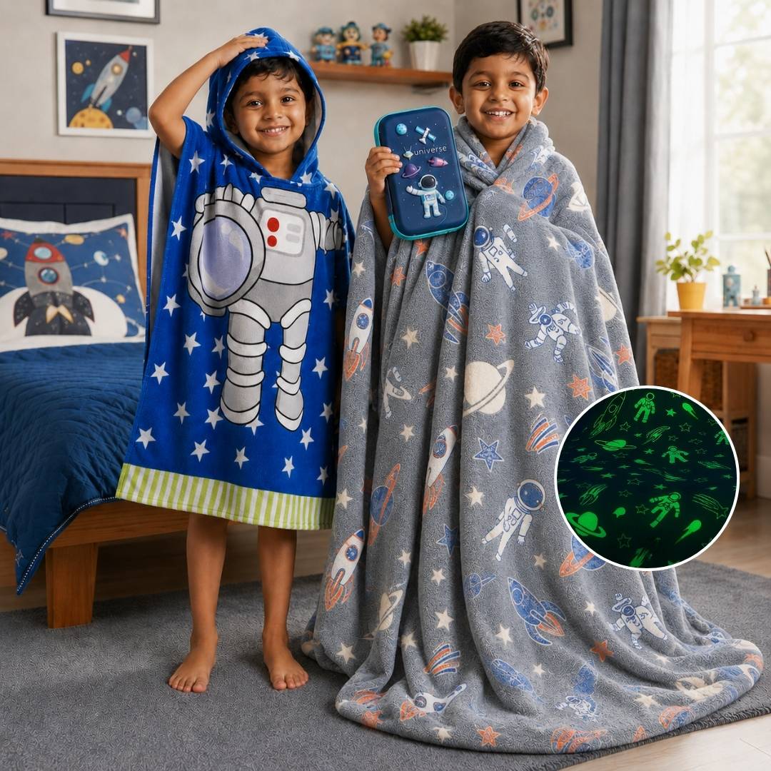 Leo the Astro Glow Blanket, Astronaut Poncho Towel & Blue Space Hard Shell Pencil Pouch Combo for Kids | Gift Set