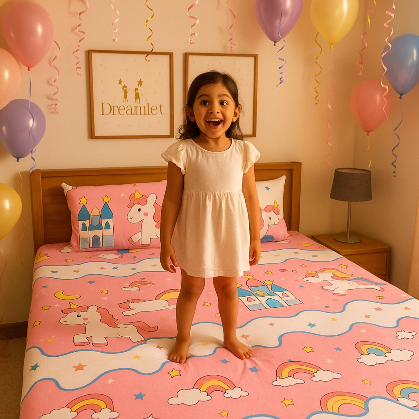 3pc King Size Bedsheet Set – Fitted Bedsheet & 2 Pillow Covers with Zip | Dreamy Unicorn World Kids Bedding Famyo Shop WH