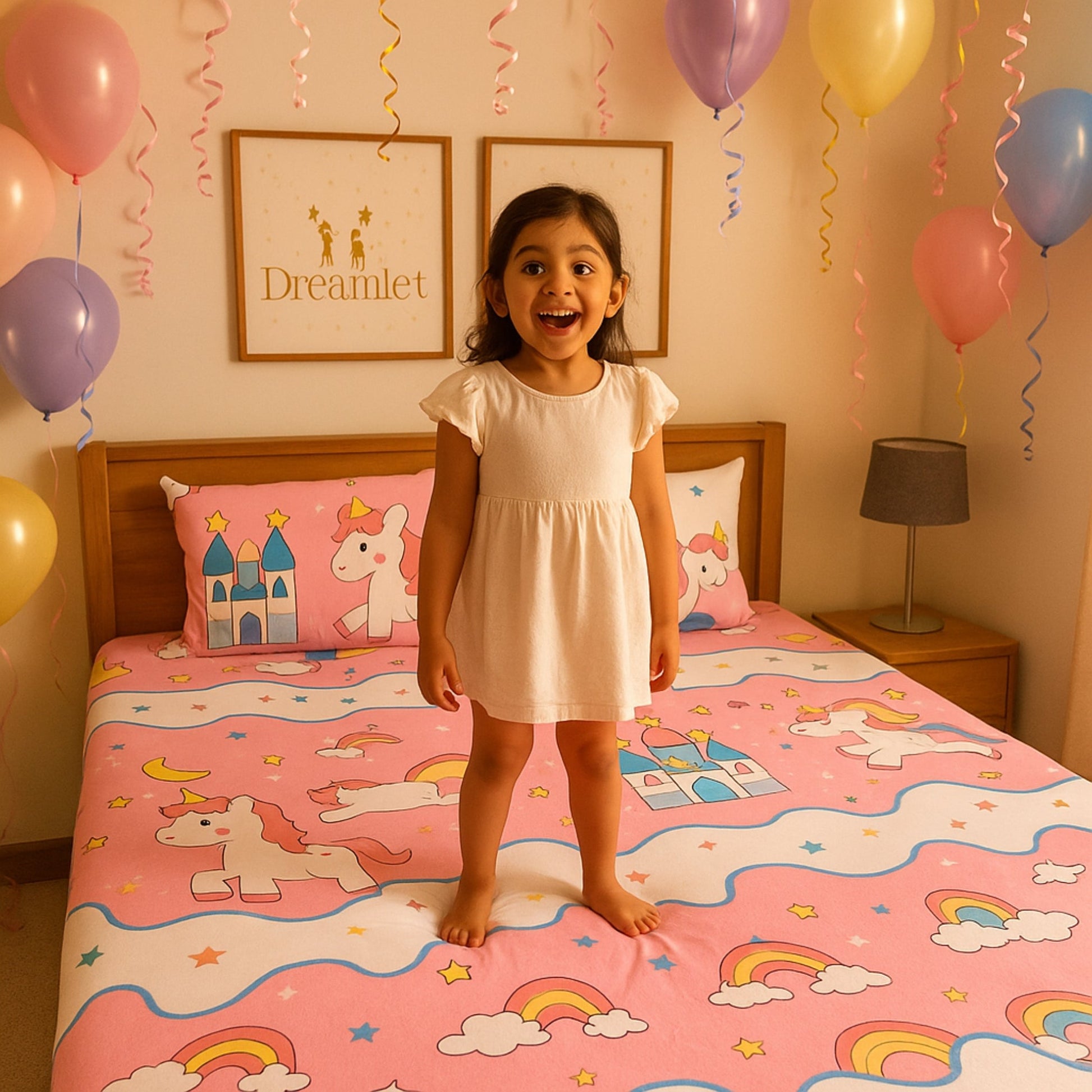 3pc King Size Bedsheet Set – Fitted Bedsheet & 2 Pillow Covers with Zip | Dreamy Unicorn World Kids Bedding Famyo Shop WH