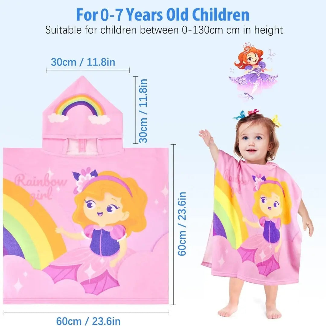 Princess Rainbow Girl Poncho Towel for Kids | Hooded Bath Towels for Girls | 60 x 60cm Toddler Pool Towel with Hood, 1-7 years