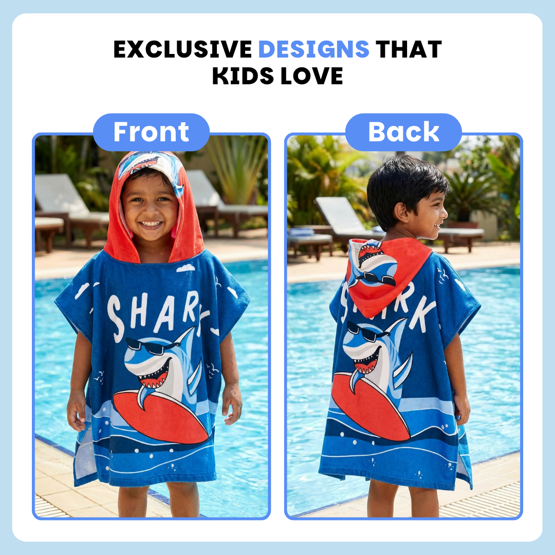 Dark Blue Shark Dive Poncho Bath Towel for Kids, 1-7 years | Quick-Drying Microfiber Kids Towel