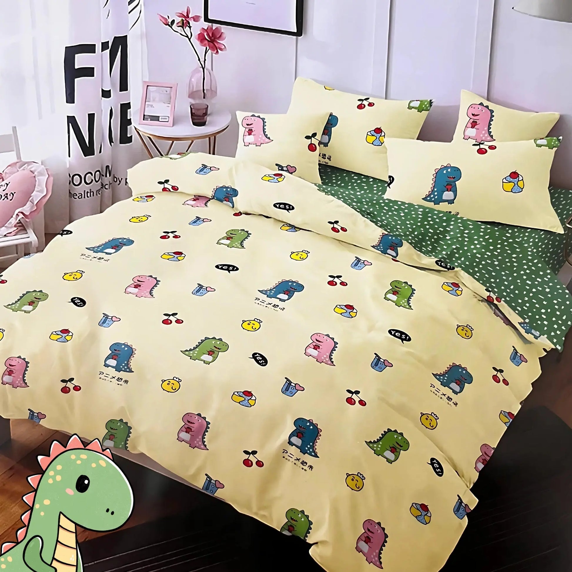5pc Kids Bed Set – King Size Fitted Bedsheet , Comforter Cover, 2 Pillow Covers & Comforter | Cute Dino Theme Famyo Shop WH