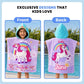 Purple June Unicorn hooded poncho towel for kids featuring ultra-soft quick-dry microfiber fabric, lightweight wearable design, attached hood, knee-length coverage, and ideal for bath, beach, pool, swimming, travel, and everyday use.