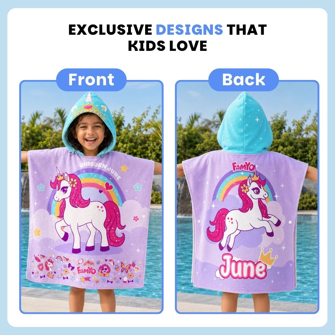 Purple June Unicorn hooded poncho towel for kids featuring ultra-soft quick-dry microfiber fabric, lightweight wearable design, attached hood, knee-length coverage, and ideal for bath, beach, pool, swimming, travel, and everyday use.