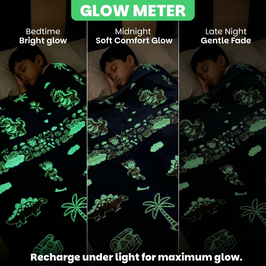 Famyo Rexy Dinosaur Glow in the dark blanket - all season blanket for kids - glow meter - low, medium, high