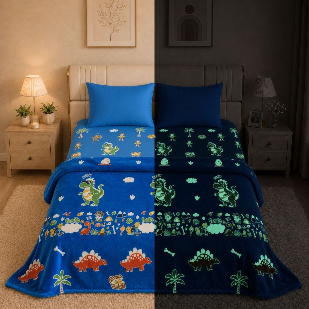 Rexy the Dino Glow in the Dark Quilt/Blanket/AC Comforter & Glow Bedsheet Set for Kids | 4 PC Queen Size Bedding Set | Glow Maxx Series