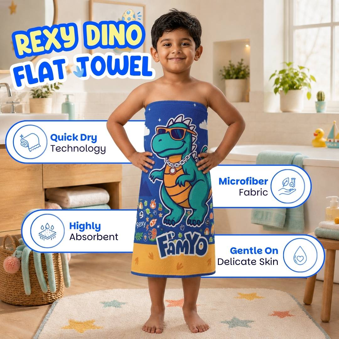 Famyo Rexy the Dinosaur Flat Towel for Kids made with premium microfiber fabric featuring quick dry technology, lightweight and travel friendly design, fade resistant print, soft and highly absorbent for bath, beach, swimming and everyday use.