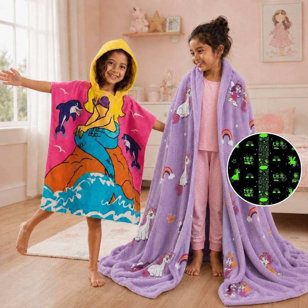 Mira Mermaid Glow Blanket & Pink Mermaid Hooded Towel Combo for Kids | Bath & Bedtime Essentials | Gift Set for Kids