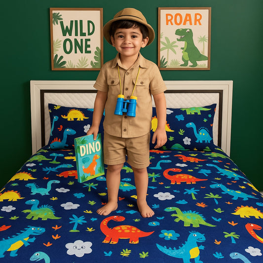 3pc King Size Bedsheet Set – Fitted Bedsheet & 2 Pillow Covers with Zip | Dark Blue Dino Kids Bedsheet Set Famyo Shop WH