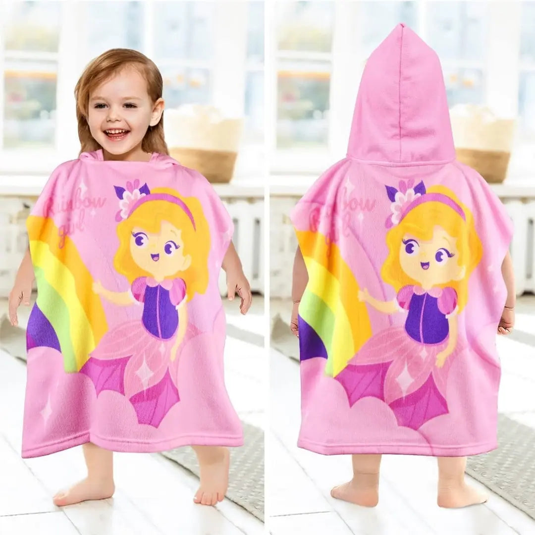 Princess Rainbow Girl Poncho Towel for Kids | Hooded Bath Towels for Girls | 60 x 60cm Toddler Pool Towel with Hood, 1-7 years