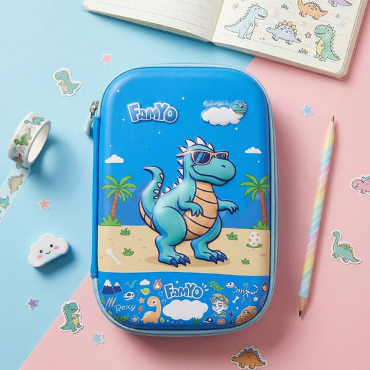 Famyo Rexy Dino Pencil Box for Kids | Hard Shell EVA Pencil Case with 3 Compartments & 2 Zipper | Cute School Stationery Organizer for School