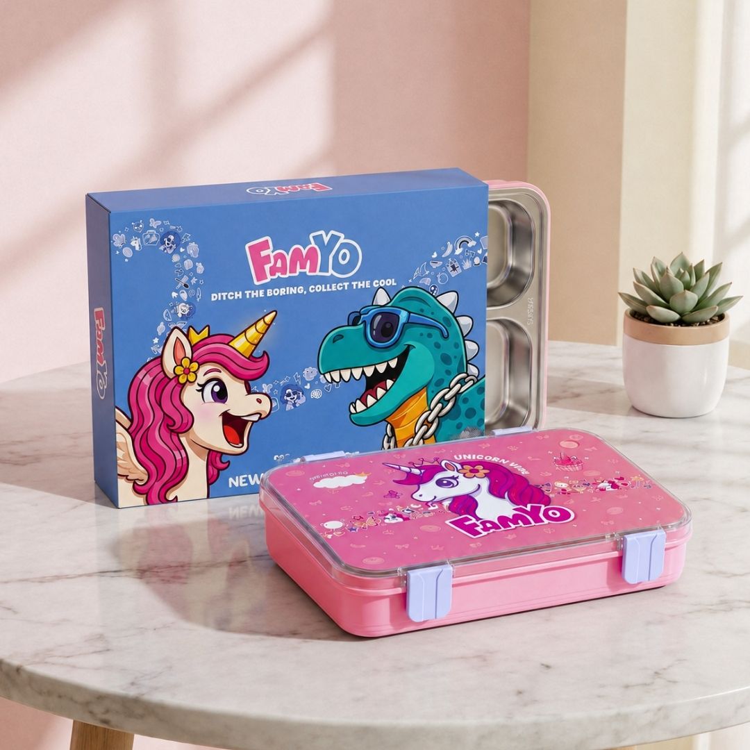 June the Unicorn bento lunch box for kids featuring 3 stainless steel compartments, 800 ml leakproof design, BPA-free outer body, child-friendly locking clips, organised meal storage, and perfect for school lunches, travel, daycare, and everyday use.