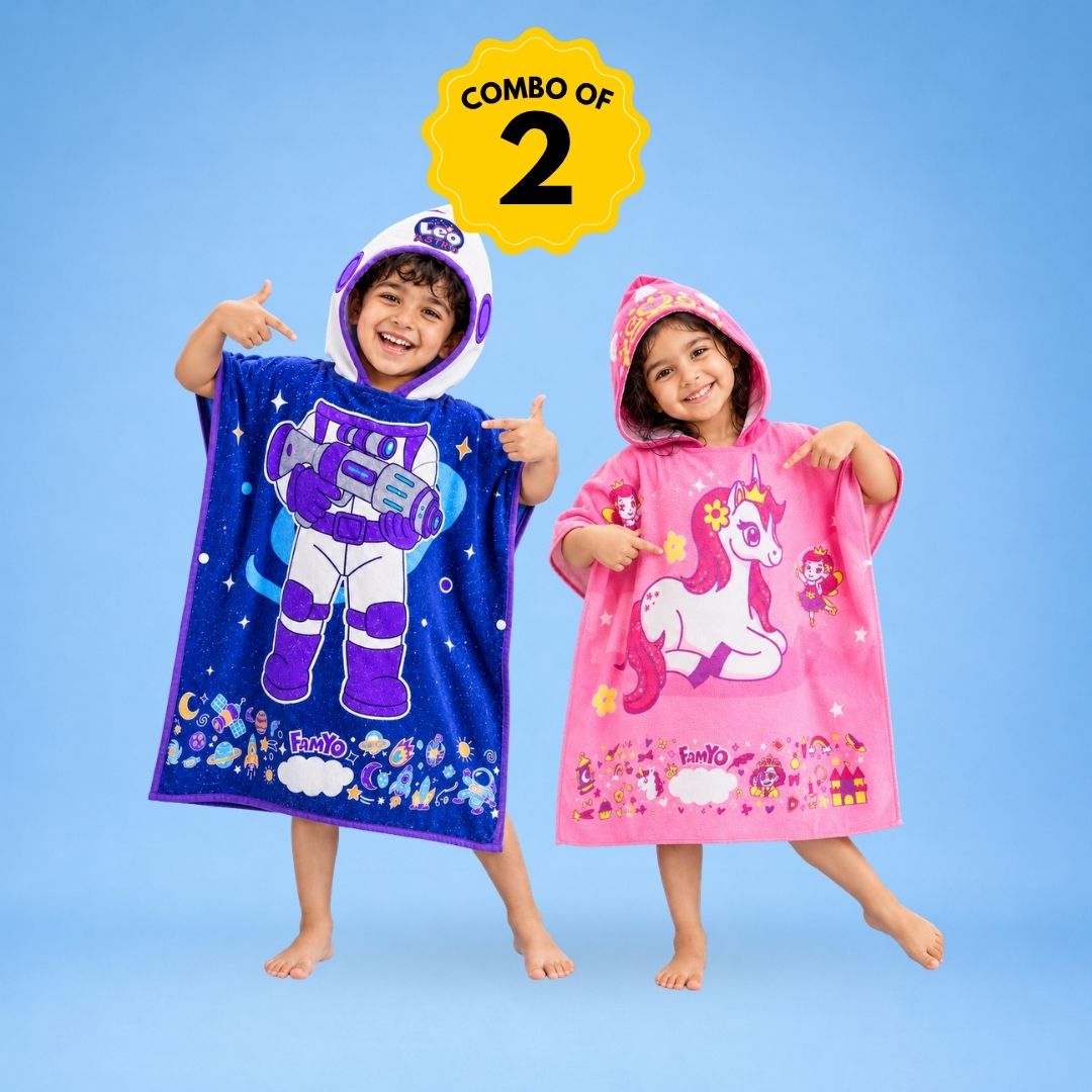 June the Unicorn & Dark Blue Leo Hooded Poncho Towel Combo for Kids | Pack of 2 Quick-Dry Microfiber Towels