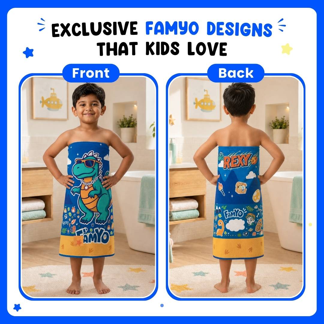 Famyo Rexy the Dinosaur Flat Towel for Kids made with premium microfiber fabric featuring quick dry technology, lightweight and travel friendly design, fade resistant print, soft and highly absorbent for bath, beach, swimming and everyday use.