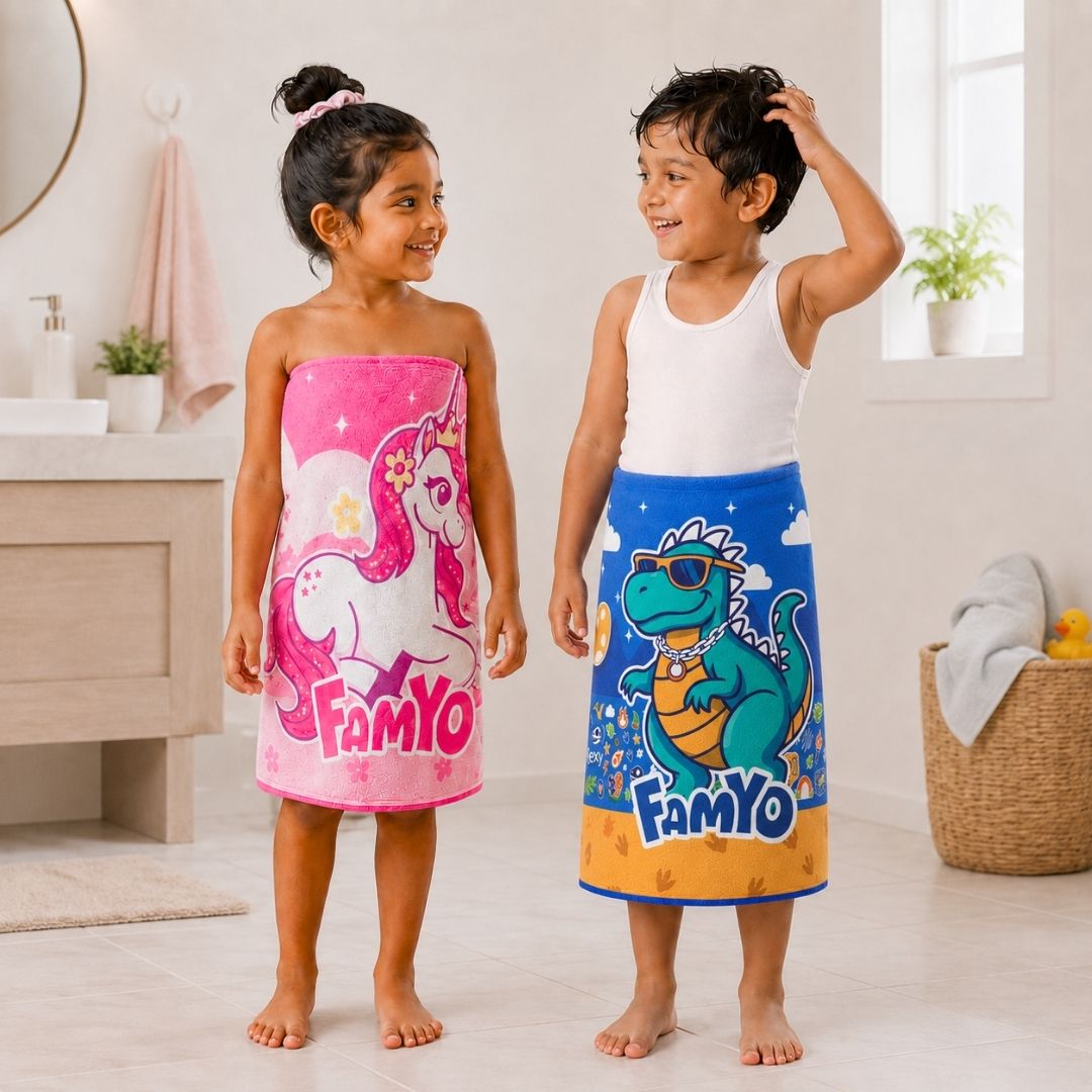 June the Unicorn and Rexy the Dino kids towel combo featuring two soft quick-dry terry towels, lightweight absorbent fabric, 70 × 140 cm size, and perfect for bath, beach, pool, swimming, travel, and everyday use.