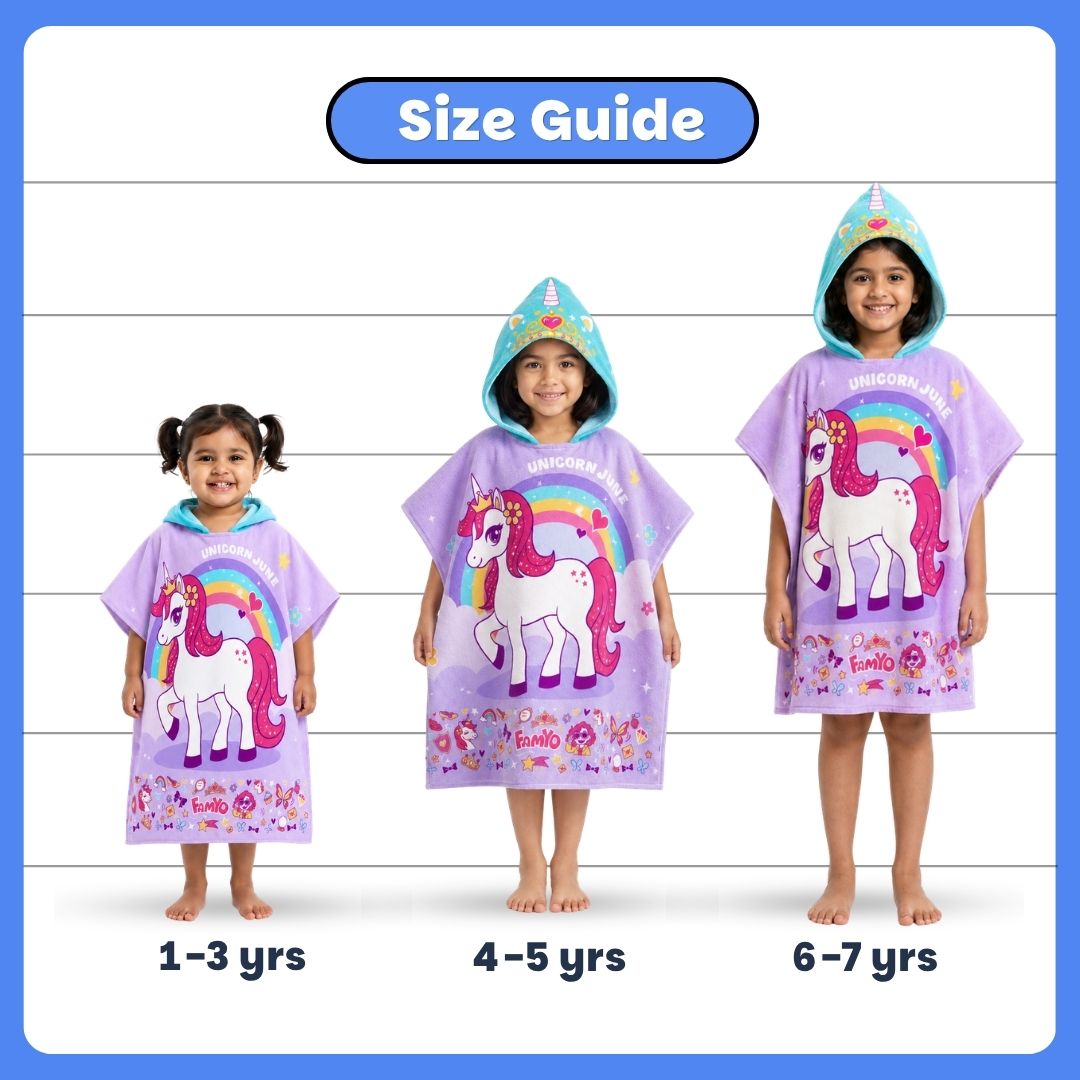 Purple June Unicorn hooded poncho towel for kids featuring ultra-soft quick-dry microfiber fabric, lightweight wearable design, attached hood, knee-length coverage, and ideal for bath, beach, pool, swimming, travel, and everyday use.