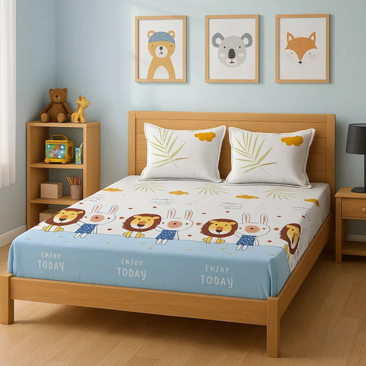 3pc King Size Bedsheet Set – Fitted Bedsheet & 2 Zipped Pillow Covers | Lion & Rabbit Kids Bedding Famyo Shop WH