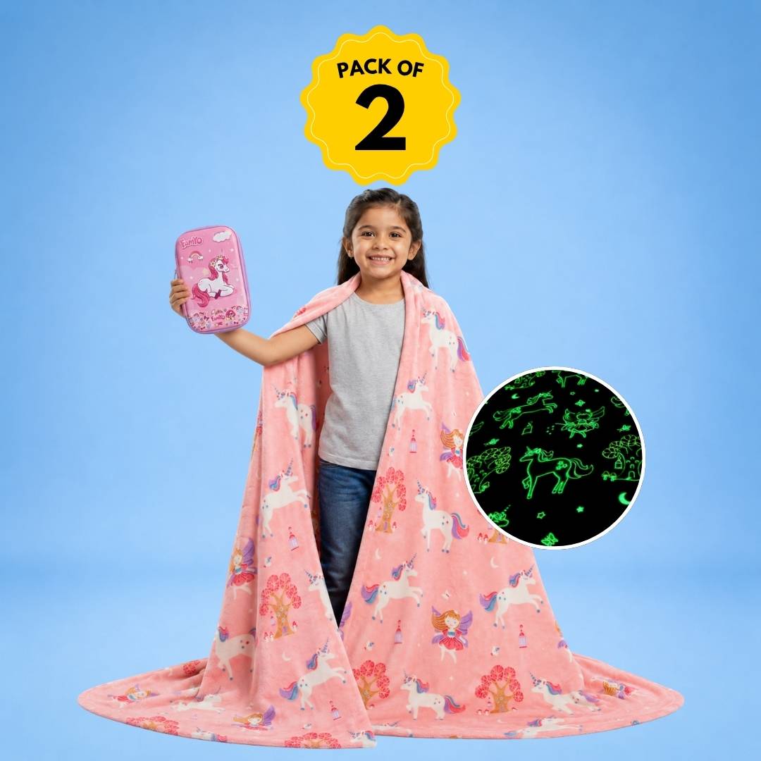 Famyo Fairy Unicorn Glow Blanket & June Unicorn Pencil Pouch Combo for Kids | Glow in the Dark Blanket + Hard Shell Pencil Case | Gift Set for Kids
