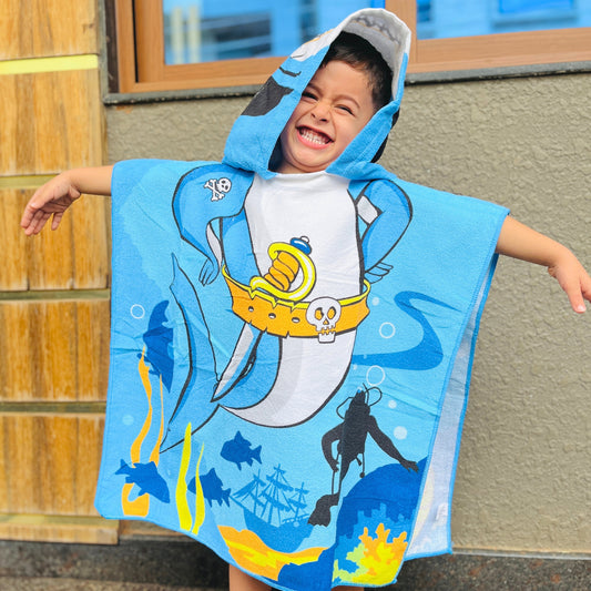 Pirate Baby Shark Poncho Bath Towel for Kids, 1-7 years | Quick-Drying Microfiber Kids Towel