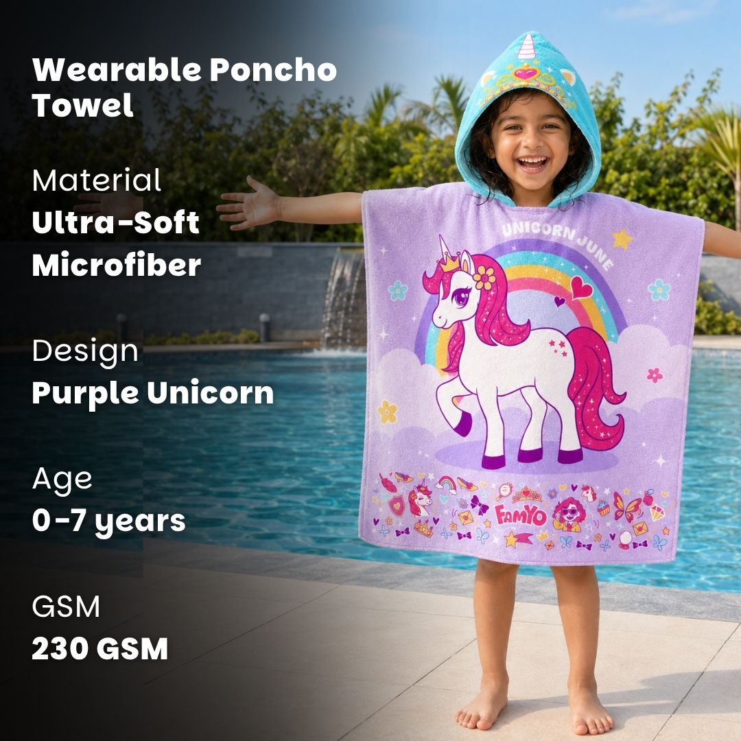 Purple June Unicorn hooded poncho towel for kids featuring ultra-soft quick-dry microfiber fabric, lightweight wearable design, attached hood, knee-length coverage, and ideal for bath, beach, pool, swimming, travel, and everyday use.