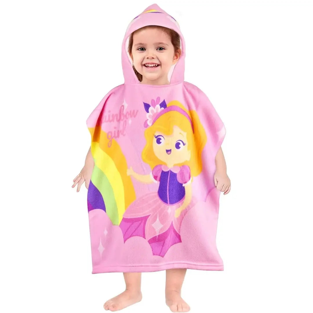 Princess Rainbow Girl Poncho Towel for Kids | Hooded Bath Towels for Girls | 60 x 60cm Toddler Pool Towel with Hood, 1-7 years