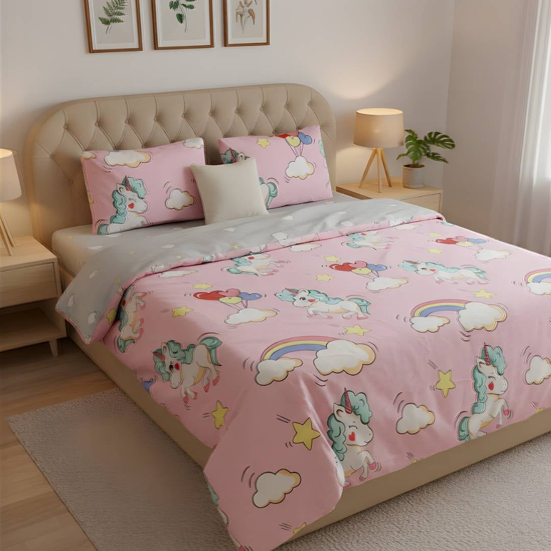 Pink Unicorn & Rainbow 250TC King Bed Sheet Set (Set of 4 or Set of 5)