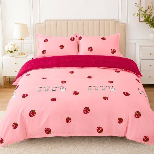 Strawberry Pink King Size AC Comforter Set | 4 & 5 Piece Options | 250 TC Cotton Fitted Bedsheet | 150 GSM Lightweight All-Season Bedding Set with Pillow Covers