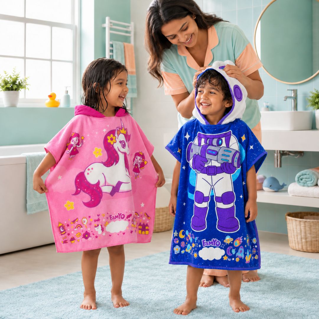 June the Unicorn & Dark Blue Leo Hooded Poncho Towel Combo for Kids | Pack of 2 Quick-Dry Microfiber Towels