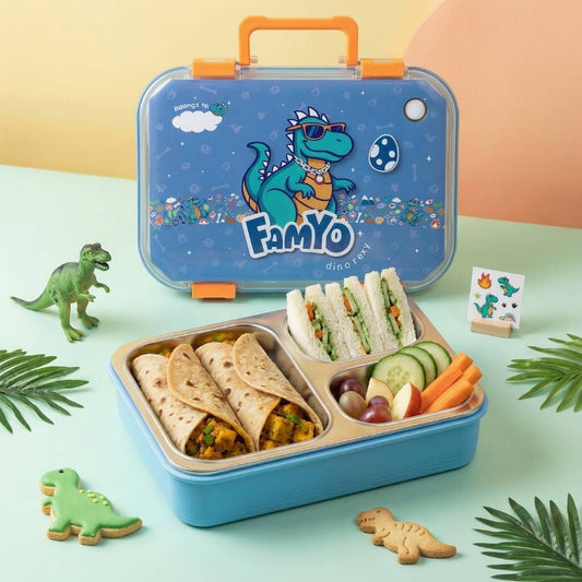 Famyo Rexy Dino Bento Lunch Box for Kids | Leakproof School Tiffin Box with Stainless Steel Compartments | 3-Section Kids Lunch Box for School