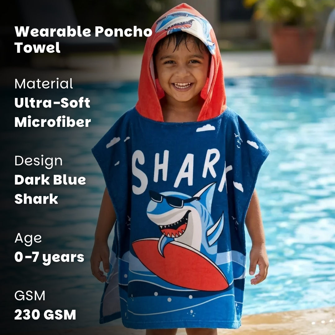 Dark Blue Shark Dive Poncho Bath Towel for Kids, 1-7 years | Quick-Drying Microfiber Kids Towel