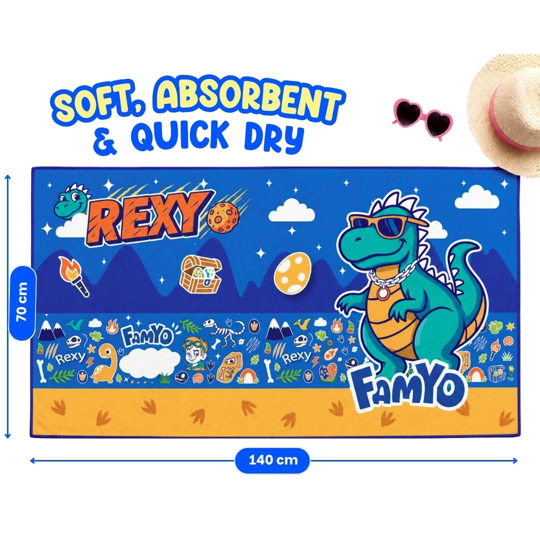 Famyo Rexy the Dinosaur Flat Towel for Kids made with premium microfiber fabric featuring quick dry technology, lightweight and travel friendly design, fade resistant print, soft and highly absorbent for bath, beach, swimming and everyday use.