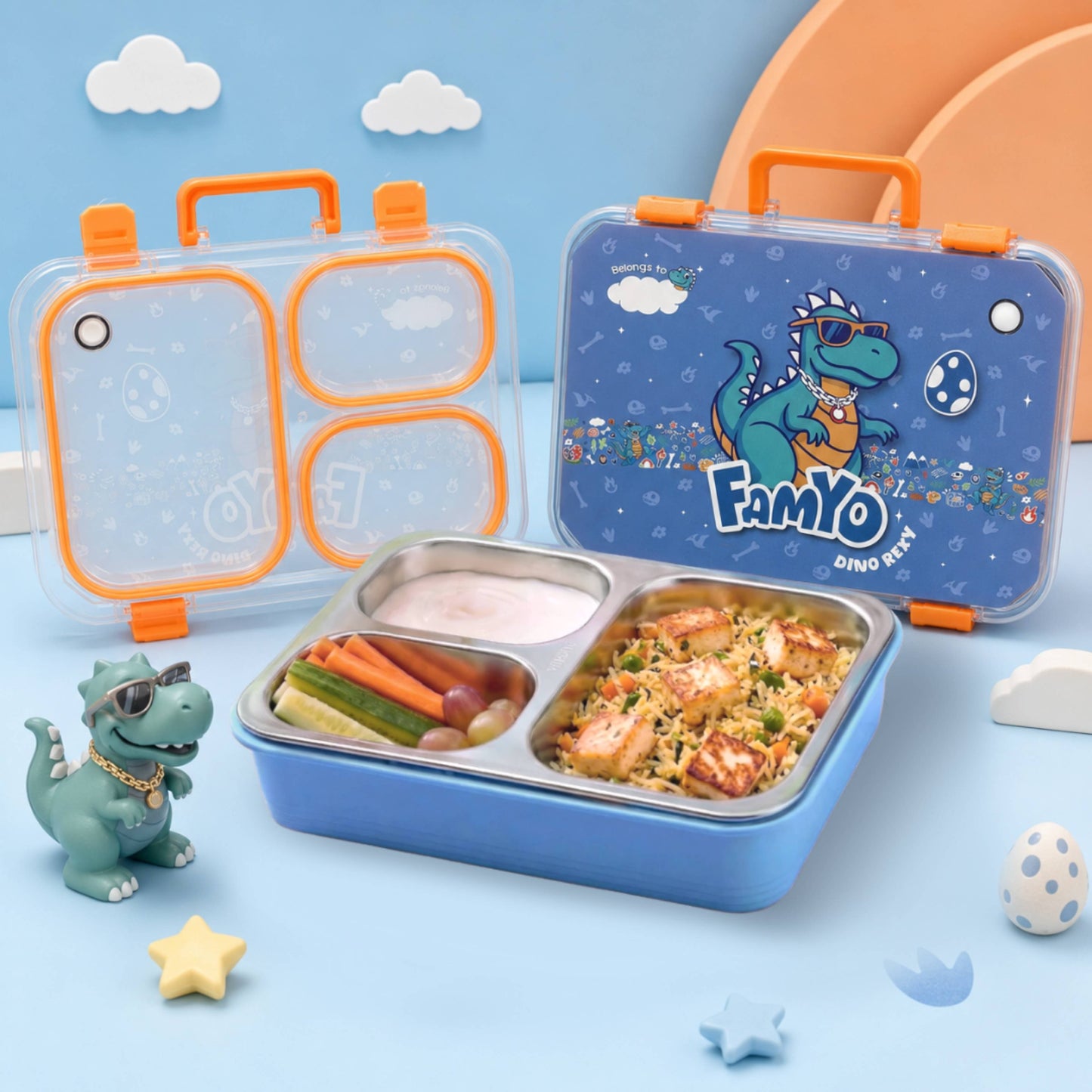 Rexy the Dino bento lunch box for kids featuring 3 stainless steel compartments, leakproof design, BPA-free outer body, child-friendly locking clips, organised meal storage, and perfect for school lunches, travel, daycare, and everyday use.