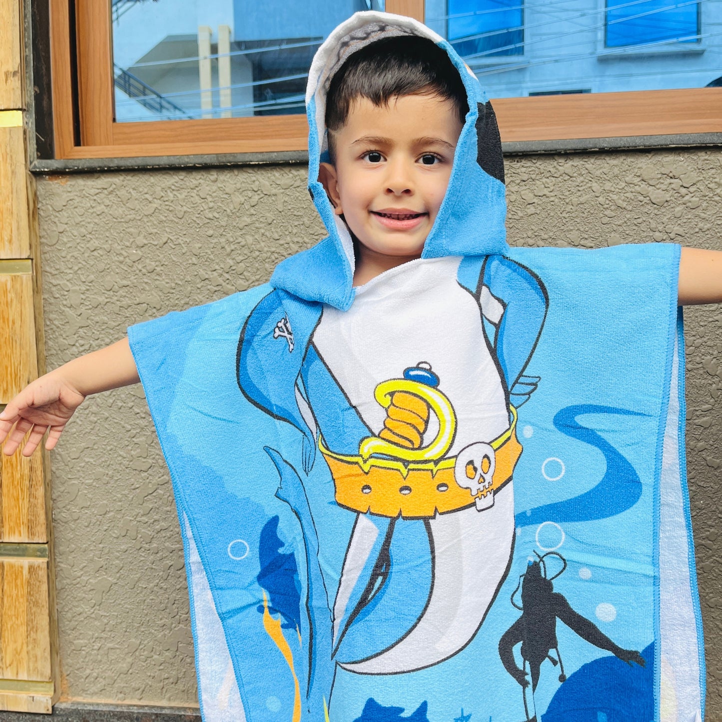 Pirate Baby Shark Poncho Bath Towel for Kids, 1-7 years | Quick-Drying Microfiber Kids Towel