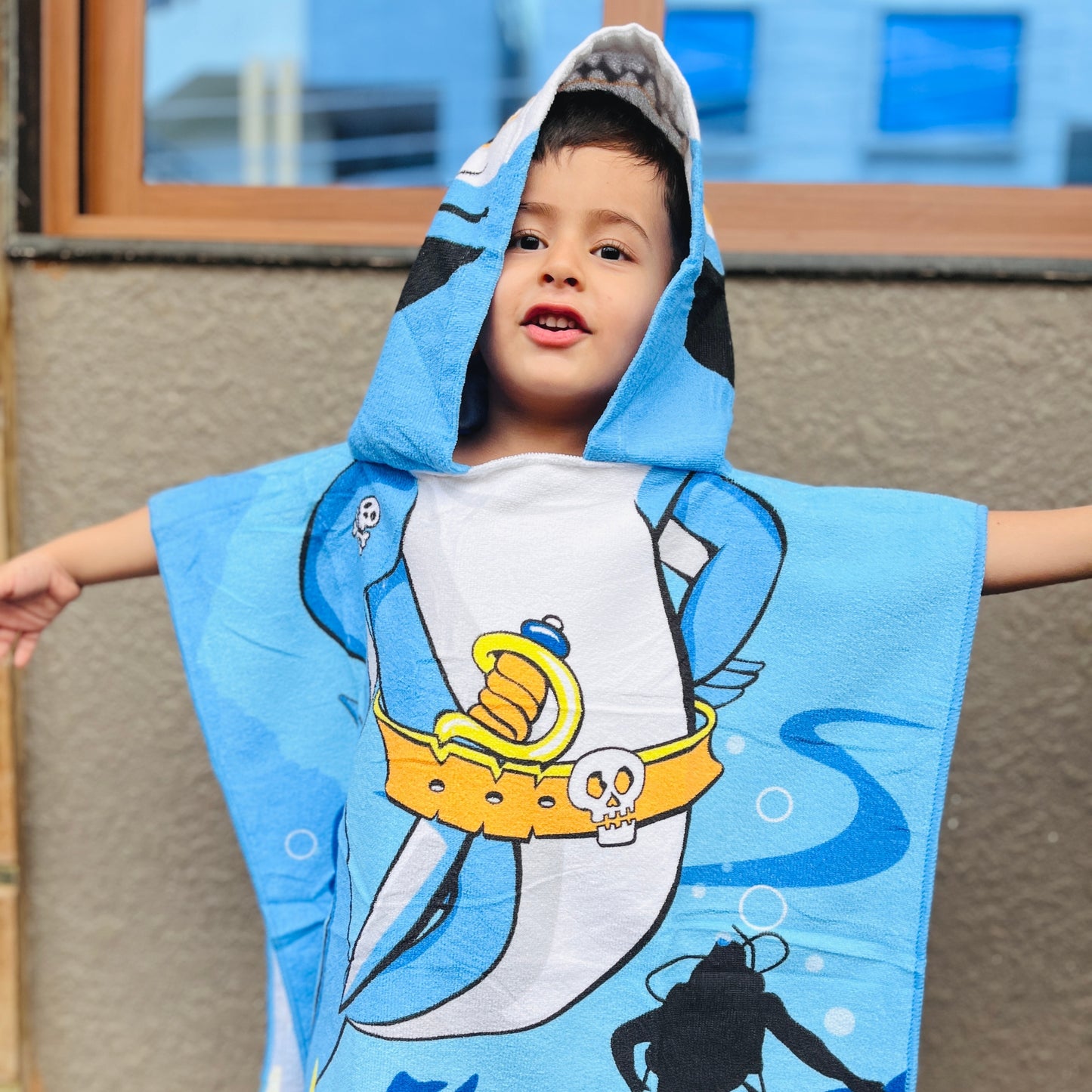 Pirate Baby Shark Poncho Bath Towel for Kids, 1-7 years | Quick-Drying Microfiber Kids Towel