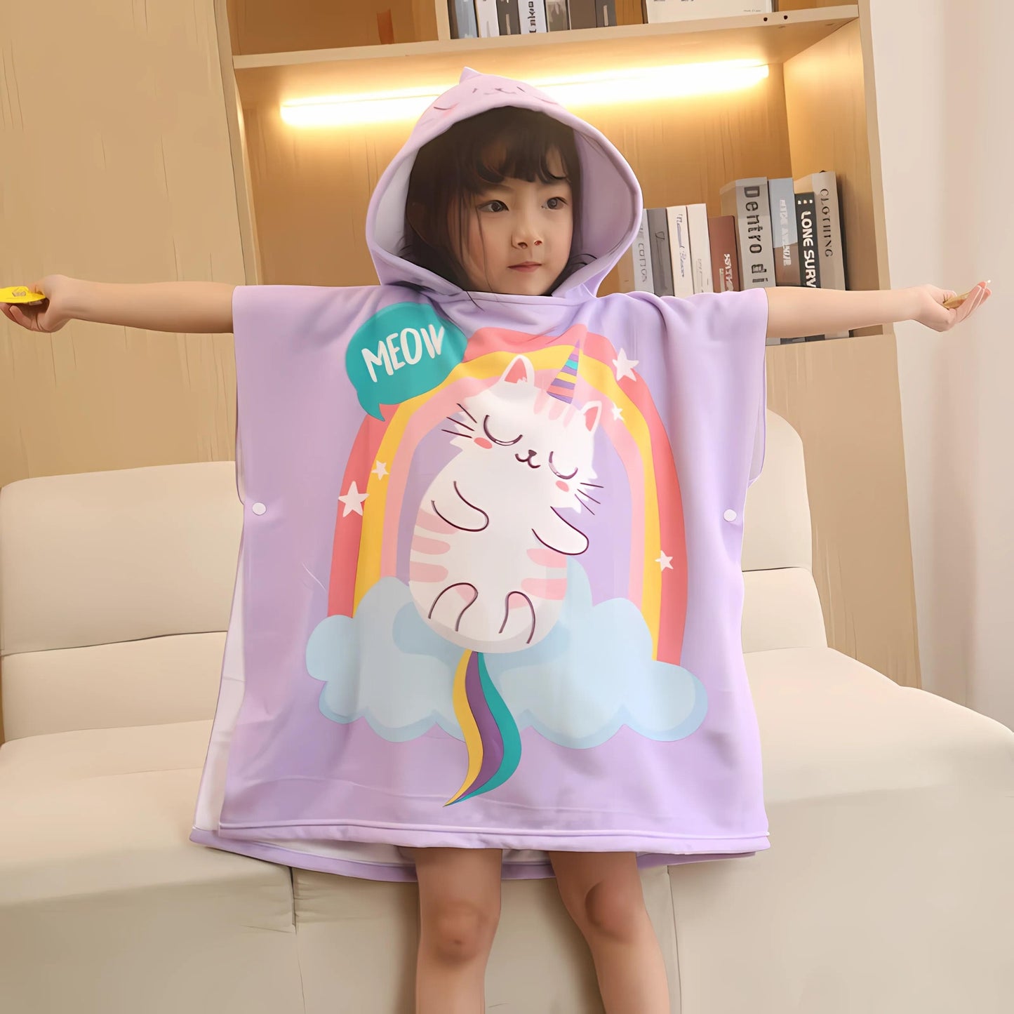 Purple Cat Unicorn Poncho Bath Towel for Kids, 1-7 years | Quick-Drying Microfiber Kids Towel