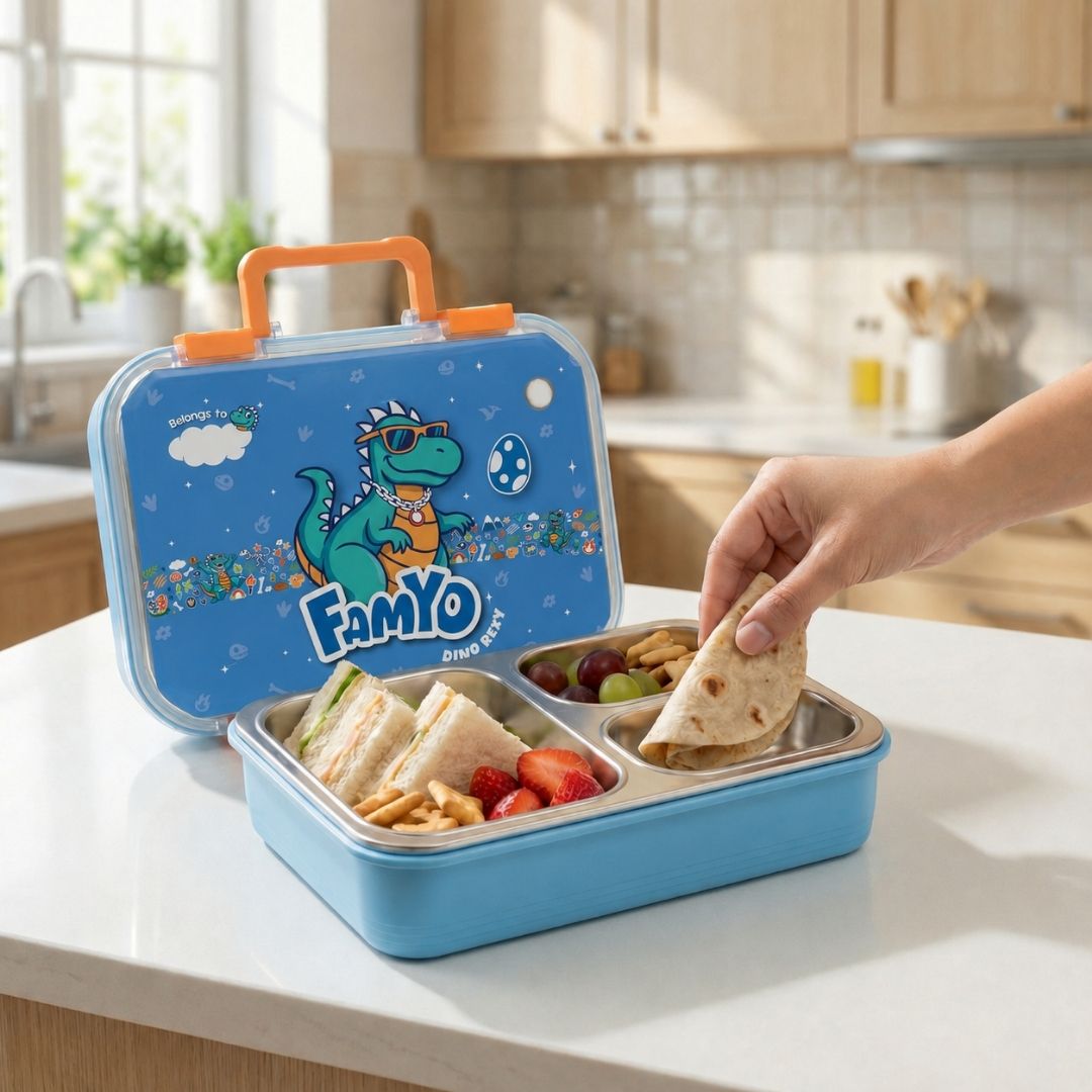 Rexy the Dino bento lunch box for kids featuring 3 stainless steel compartments, 680 ml leakproof design, BPA-free outer body, child-friendly locking clips, organised meal storage, and perfect for school lunches, travel, daycare, and everyday use.