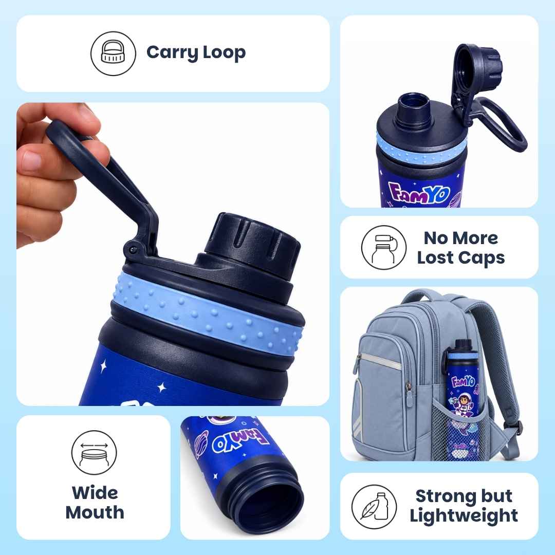 Kids stainless steel water bottle available in June the Unicorn, Rexy the Dinosaur, Leo the Astronaut, Dark Blue Astronaut, and Lavender Unicorn designs, featuring a 900 ml capacity, ideal for school, travel, and everyday hydration.