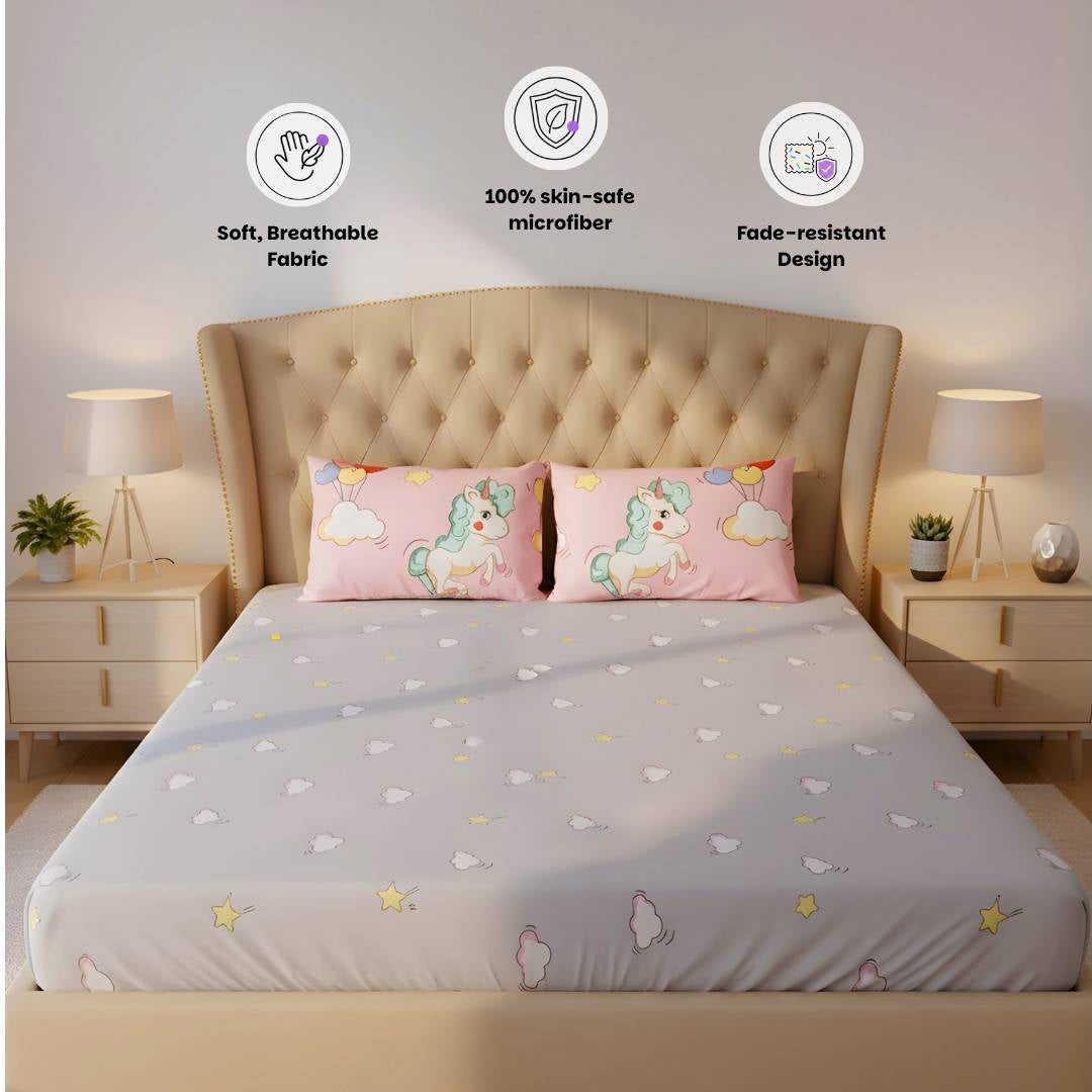 Pink Unicorn & Rainbow 250TC King Bed Sheet Set (Set of 4 or Set of 5)