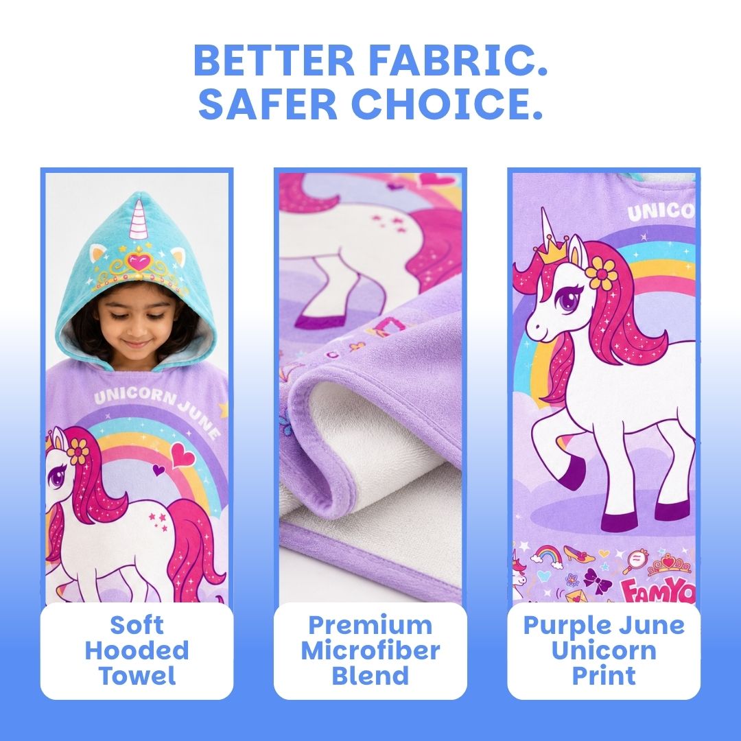 Purple June Unicorn hooded poncho towel for kids featuring ultra-soft quick-dry microfiber fabric, lightweight wearable design, attached hood, knee-length coverage, and ideal for bath, beach, pool, swimming, travel, and everyday use.